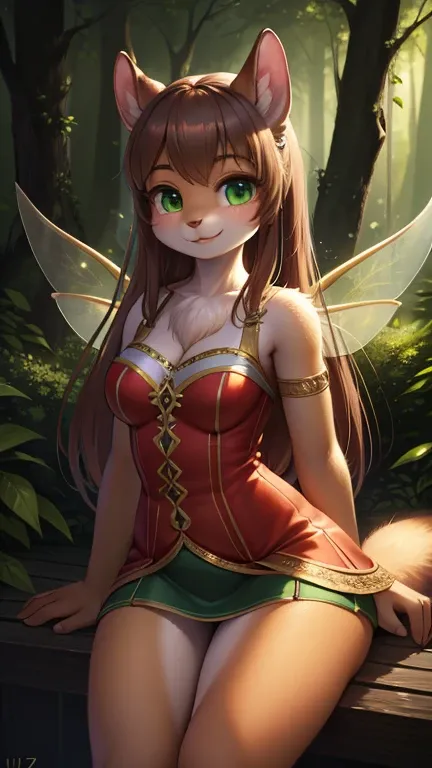 Highest quality、Ultra High Definition、((  girls on the left))、Mysterious Forest、Squirrel Ears、Squirrel Tail、 Gold、 green eyes、green leaf miniskirt dress、( fairy wings)、