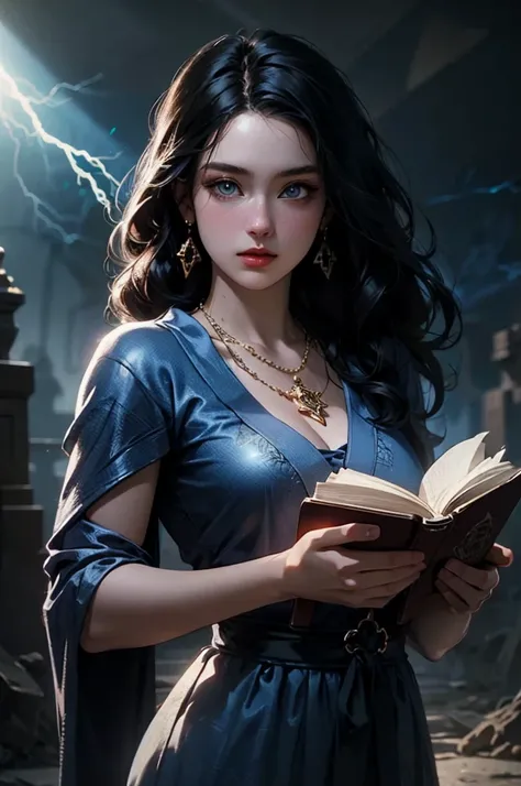 A beautiful 22-year-old white woman with long, curly black hair, holding an open magic book while casting spells. She is a powerful witch with expressive blue eyes, wearing earrings and necklaces adorned with pentagrams. Her outfit is a detailed, elegant w...