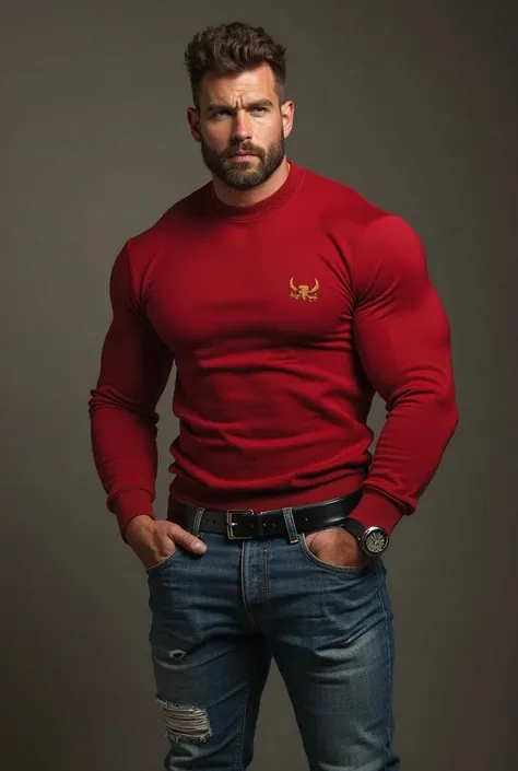  Handsome man, muscle shirt,  Men's and sexy with casual wear , with a modern,  Authentic and fashionable red   sweater ,  strong and muscular legs , large lump,  Ultra-realistic and detailed masterpiece in 8k with great detail in the office ,  close , bod...