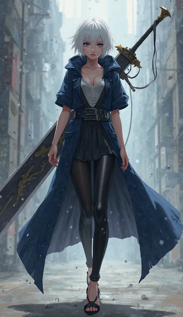 Anime girl with short white hair wearing an unbuttoned navy blue hooded trench coat with short sleeves and leggings and open heels and has a very big sword