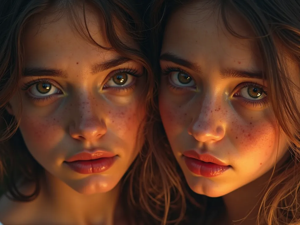 close up on two beautiful young girls face with fire in her eyes dimples  bright eyes brown hair soft lips sad looking very detailed ultra realistic 