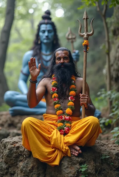 "an hindu sadhu baba performing a religious ritual and a hindu god mahadev seating closeup and proper front side, the sadhu baba is wearing yellow colour dhoti seating on rocky cliff at centre and one hand gives blessing and other hand holding a trishul A ...