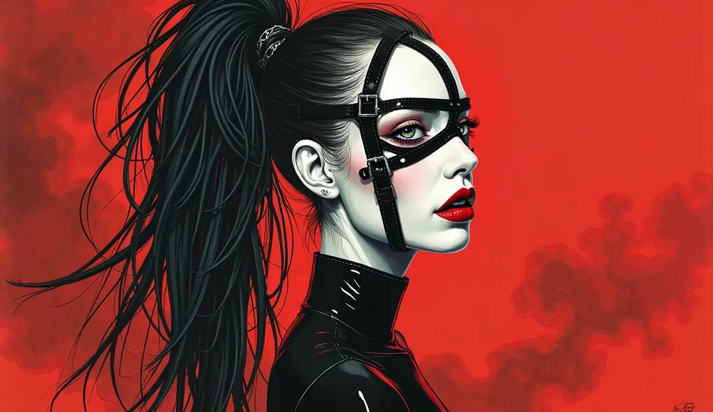 Illustration of a Very thin woman in black latex. A harness with wide straps and steel buckles is attached to her face, forehead and mouth, a white face, with painted bright red lips.  Very fluffy and long black and white ponytail. Red, thick smoke in the ...