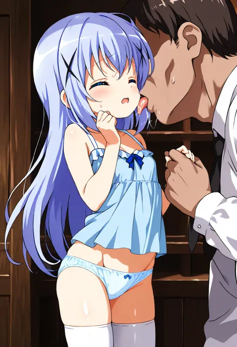  ((lick one's groin)), faceless man  Fat Uncle,thigh highs, Eyes closed, scared, cold sweat ,1girl,solo,(loli), camisole , light blue panties ,kafuu chino , (petite),very cute ,small breasts,Original style, Very high quality, soft to the touch, beautiful,s...