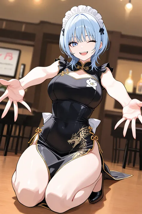 Masterpiece, Highest quality, very detailed depiction,  Amazing High Definition ,  High Quality Anime Picture ), Depth of Field 1.1,super detailed eyes,beautiful glossy lips,(Light blue hair, wolf cut,one eye is covered by bangs), cute woman  ,((full body)...