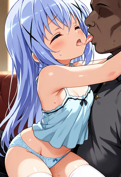  ((lick one's groin)), faceless man  Fat Uncle,thigh highs, Eyes closed, scared, cold sweat ,1girl,solo,(loli), camisole , light blue panties ,kafuu chino , (petite),very cute ,small breasts,Original style, Very high quality, soft to the touch, beautiful,s...