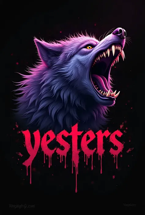  Logo for a rock band called "Yesters" with a wolf, with violet details, on black background, Where I include the name of the band Chorreando Sangre