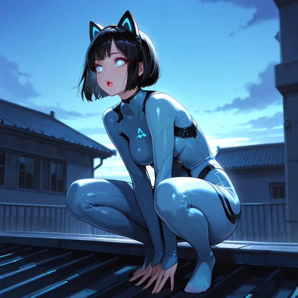 1girl, black hair, short hair, bob cut, sky blue eyes, glowing pupils, lipgloss, eyeliner, eyelashes, tight bodysuit, cat mask, surprised eyes, rooftop, moonlight, squatting, hands between legs, 4K, high quality, ultra quality, hyper quality, best quality,...