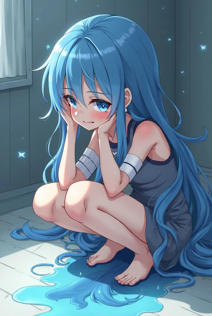 anime porn porn girl with blue hair sitting on the floor, tensei shitara slime datta ken, the anime girl is crouching, rogue anime girl ayanami rei, reincarnated as a slime, seductive anime girl, rimuru, aqua from konosuba, rei hiroe, anime moe artstyle, b...