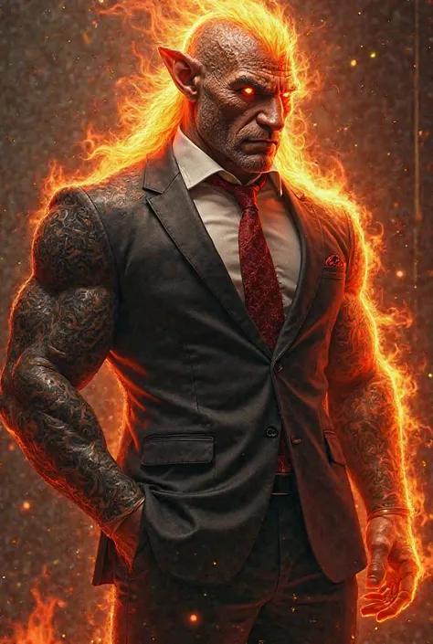 strong guy, bald, red eyes, half human, half demon fire lion, muscular, tattooed, trendy suit, rich