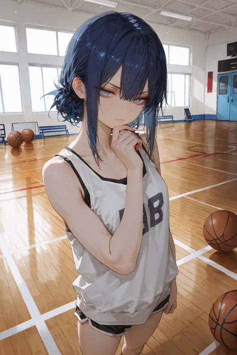 masterpiece, best quality, ultra-detailed,r17329_illu,usnr,xss,Cute,masterpiece, best quality, ultra-detailed, 1girl, dark blue hair with long strands, blue eyes, serious expression, casual tank top, athletic build, standing with hand near chin, gymnasium ...