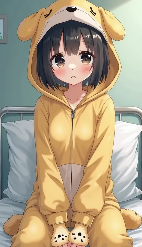  dark black hair, black eyes,hospital room bed,1 girl, high resolution, textured skin, very detailed, shortcuts,Petite, Low, middle school student,No breasts,slender,Yellow droopy dog costume pajamas,big hood、Baggy, short hair,Fluffy and fluffy pajamas,paw...