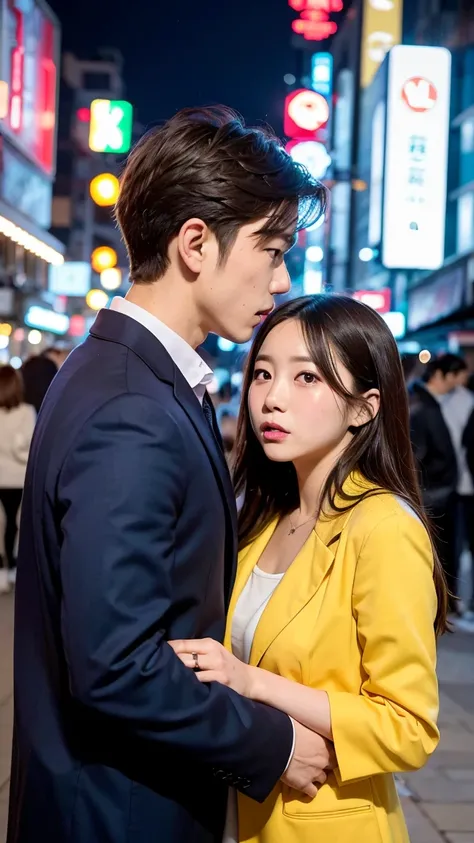  The background is a night view of the city 、skyscrapers and neon-lit cityscapes with slightly vivid colors all over、scene where cars and people come and go on the boulevard 
A Japanese man and woman in their 20s stand with their backs to each other in the...