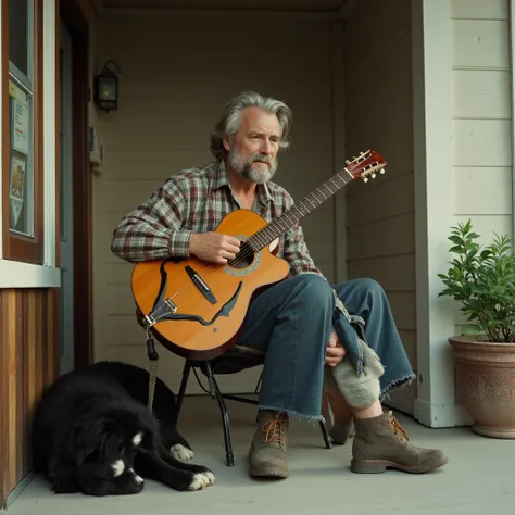 a man about 66, an aging musician, salt and pepper hair, longish wavy full hair, some whiskers, outside, portrait style, old photo, Polaroid, realistic but imperfect, sitting on a chair on his porch with an acoustic guitar, a black border collie slaaping a...