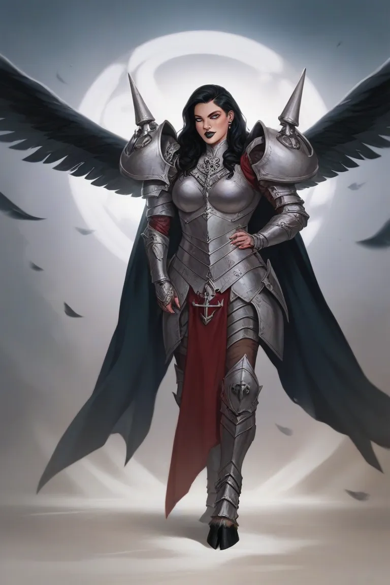 Humanoid creature, long black hair, black lips, white eyes, broken Armor, long black wings, red hooves, blue mark on the right eye