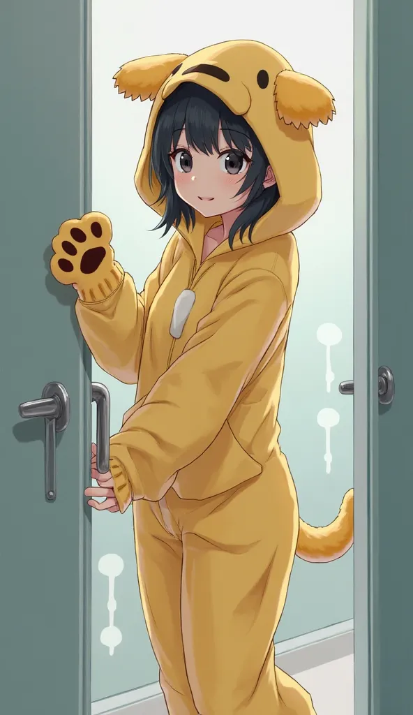  dark black hair, black eyes,Hospital room,1 girl, high resolution, textured skin, very detailed, shortcuts,Petite, Low, middle school student,No breasts,slender,Yellow droopy dog costume pajamas,big hood、Baggy, short hair,fluffy and fluffy pajamas,paw des...