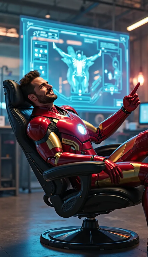 Iron Man leaning back in his futuristic chair, smirking at Spider-Man while pointing at a holographic screen that shows an energy-absorbing system design. His suit’s arc reactor glows brightly, illuminating his face. The lab around him has a mix of warm an...