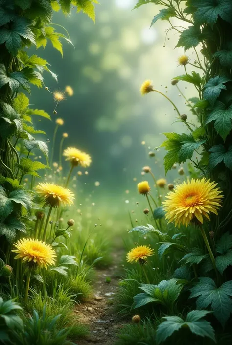 Green leaves, vines, fresh, dew, moist, water droplets, dandelion flowers