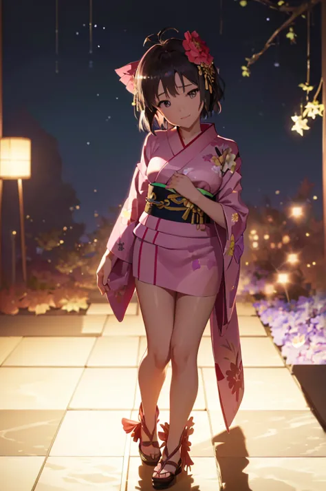  cinematic angle ,  night ,null, beautiful clouds,detailed background, constellation,starry null, 1 girl,Alone, shiny skin,head tilt, faint smile ,full body,wide shot,( kimono, Floral, heart, ribbons, yukata:1.2), Snowflakes,thigh high socks that grab your...