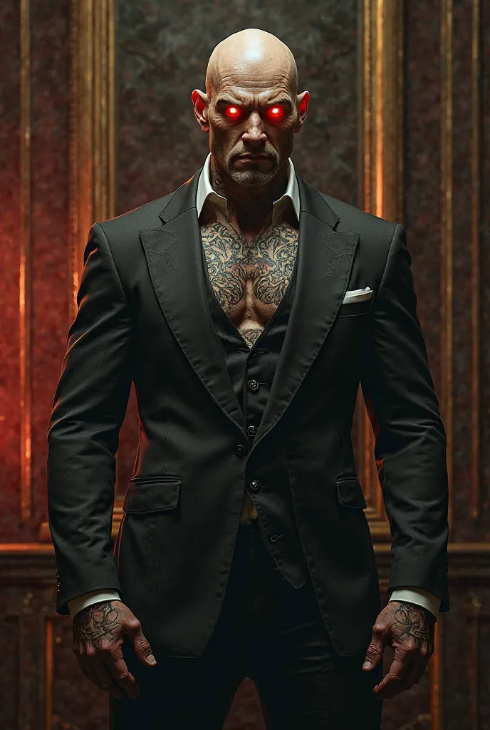 strong guy, bald, red eyes, half human, muscular, tattooed, trendy suit, rich