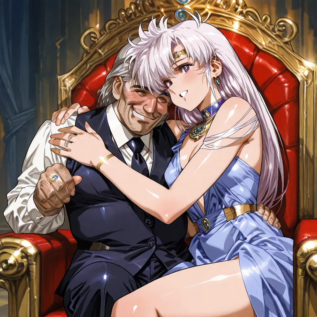 ((Highest quality)), ((masterpiece)), (exhaustive), （perfect face）、The silver-haired Lemnea, who has excellent proportions, smiles gently, and is a gorgeous, elegant queen, in a Victorian dress with gorgeous gold embroidery and edging, and is dressed with ...