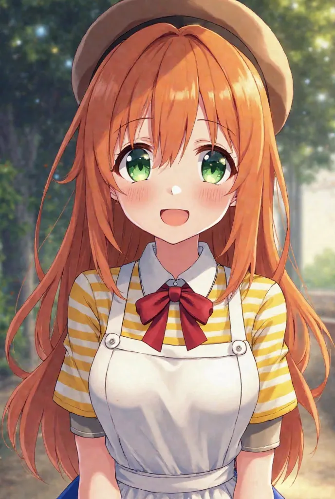  boy with long ginger hair, cute, green eyes, wearing a yellow and white striped T-shirt with a red bow on the collar, brown on the head, wearing a beret hat with blue skirt hem, white apron with a stripe along the apron, no porn, smiling face Well, the ba...