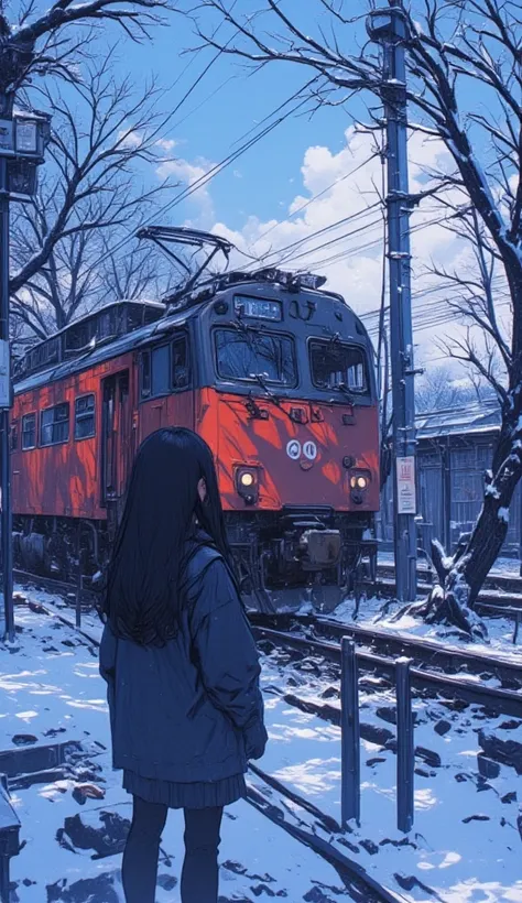 anime character of a high school girl standing in front of a train at a snowy station, Manga drawn by Yanagawa Nobusada ,   pixiv contest winner,  what ？, Shintaro Kago, Anime Aoki Shigeru   , Oshii Mamoru's painting style ,    Japanese illustrator  , Japa...