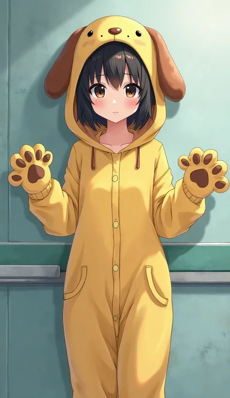  dark black hair, black eyes,Hospital room,1 girl, high resolution, textured skin, very detailed, shortcuts,Petite, Low, middle school student,No breasts,slender,Yellow droopy dog costume pajamas,big hood、Baggy, short hair,Fluffy and fluffy pajamas,paw des...