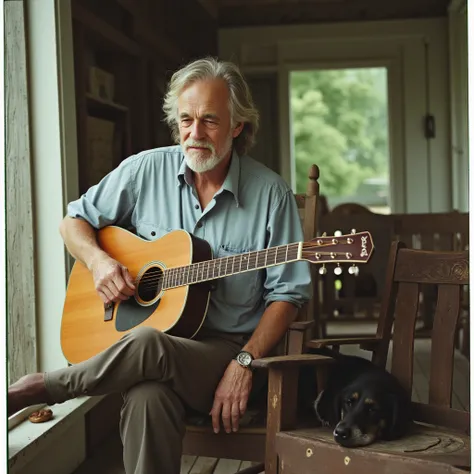 a man about 66, an aging musician, salt and pepper hair, longish wavy full hair, some whiskers, outside, portrait style, old photo, Polaroid, realistic but imperfect, sitting on a chair on his porch with an acoustic guitar, a black border collie sleeping a...