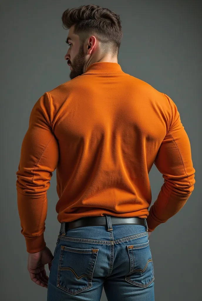  Handsome man, muscle shirt,  Men's and sexy with casual wear , with a modern,  Authentic and fashionable orange sweater ,  strong and muscular legs , large lump,  Ultra-realistic and detailed masterpiece in 8k with great detail in the office ,  close , bo...