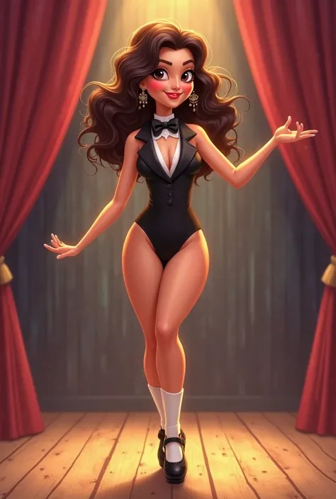 A beautiful cartoony Mexican American woman in her 20s, wearing a black tuxedo leotard, white socks, cartoon style, beautiful brunette hair cascading down, with cleavage, cute smile,, while tap dancing,  black Mary Jane tap heels. On stage on a wood board,...