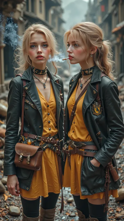 Blonde French women in Hufflepuff's uniform, black jacket, Hufflepuff yellow dress, leather belt with magical tools and potions hanging from it, adventurer, Explorer, smoking clove cigarette, cigarette held between lips, blowing smoke past the cigarette, i...