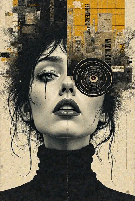 "A surreal and conceptual illustration with a vintage style, grunge and collage. The image shows a female face in black and white with high details contrast and printed textures. His eyes have hypnotic spirals, and a tear falls from one of them. The face i...