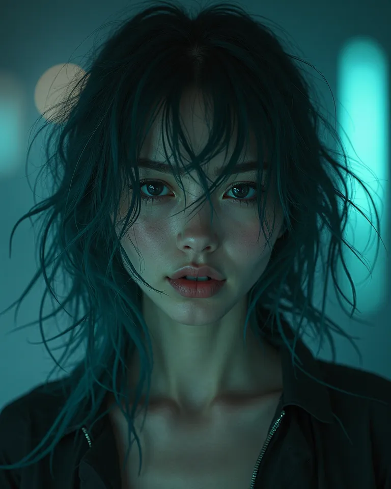 A young woman with medium hair,  at shoulder height , tinged with dark turquoise blue, slightly wet and untidy.  Textured Skin , quality, at night 