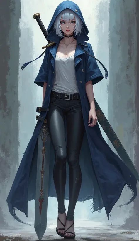 Anime girl with short white hair wearing an unbuttoned navy blue hooded trench coat with short sleeves and leggings and open heels and has a very big sword