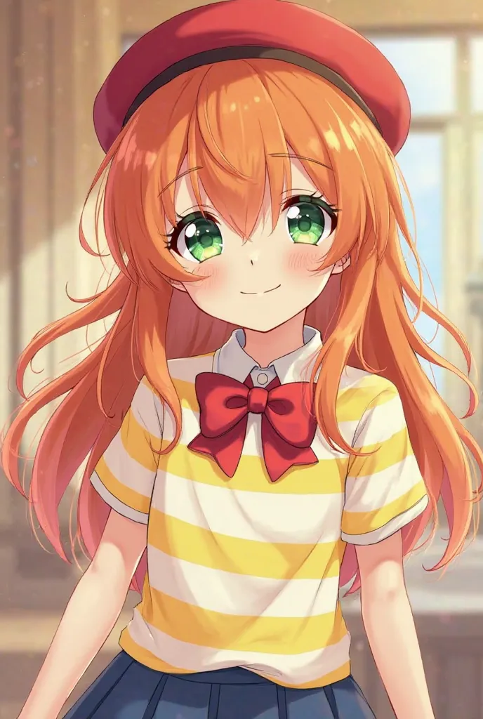  boy with long ginger hair, cute appearance, green eyes, yellow and white striped T-shirt, red bow collar, brown head, red beret hat, covered with blue skirt hem, no porn, smiling face, background as a hangout with light. A little anime