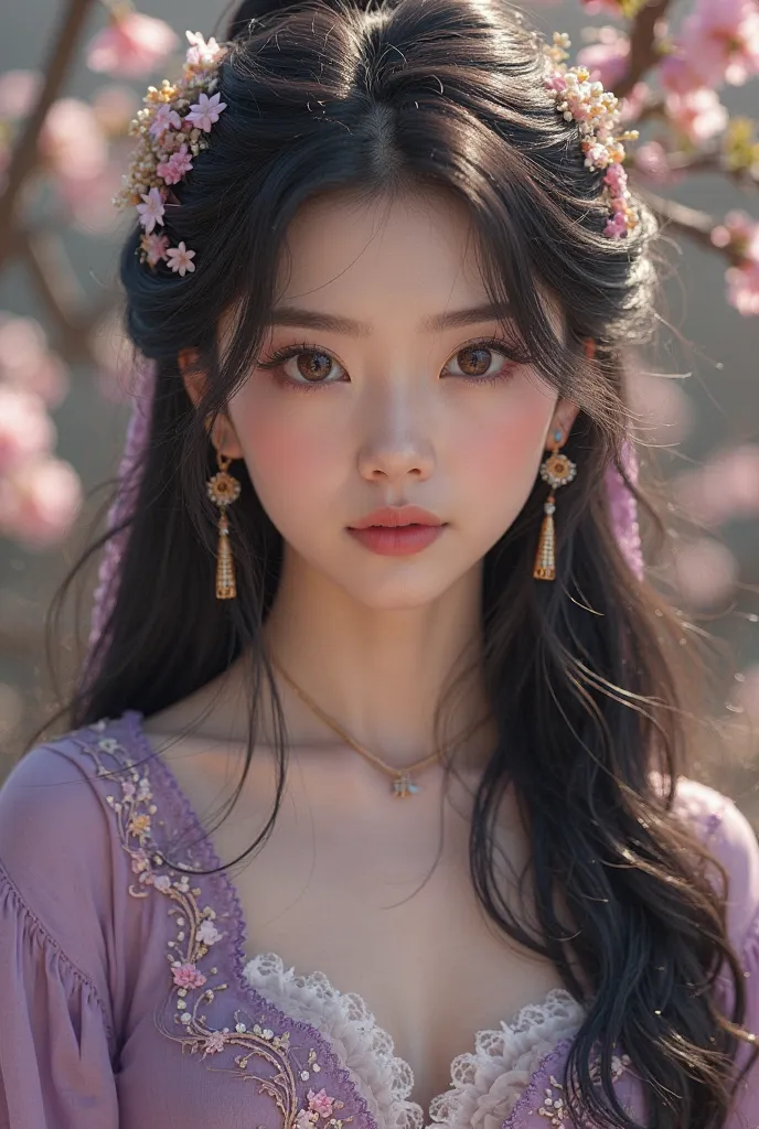 creates a kind of softness and gentleness，with long, smooth black hair，with a slight purple luster，The fog and halo surround，The tips of the hair are naturally curved。Her face is exquisite，Eyebrows like distant mountains， eyes big and bright ，that fights t...