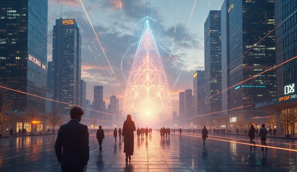 The scene opens with a futuristic city at dawn, towering skyscrapers reflecting the soft glow of the rising sun. In the distance, a massive data network flows across the sky like a digital aurora, with lines of code and information connecting the buildings...