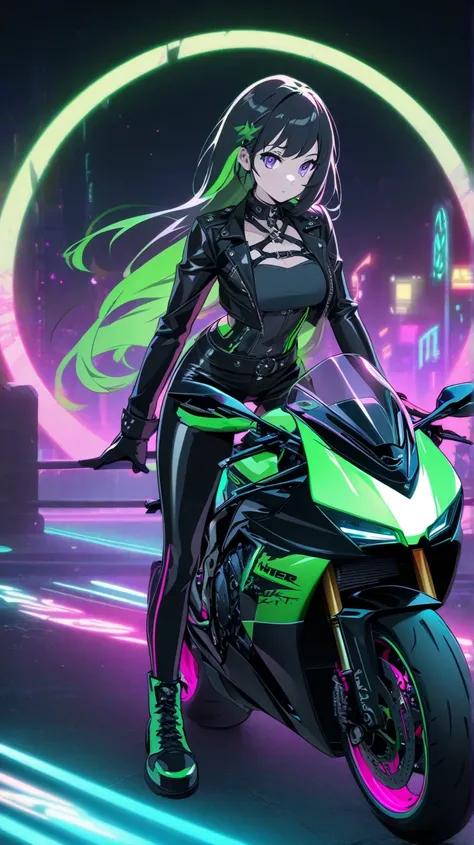 Create an anime-style wallpaper art, a girl on a sports bike, The girl poses for the photo next to the bike,  beautiful anime girl , Gothic girl in leather clothes, long black hair, white and clear skin, the color palette should be in shades of green, blue...