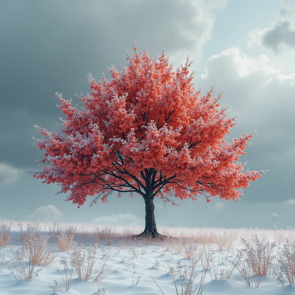 A snowy meadow, a persimmon tree with lots of red berries, the background is a gloomy cloudy sky, super 4K resolution, surreal, photography style.