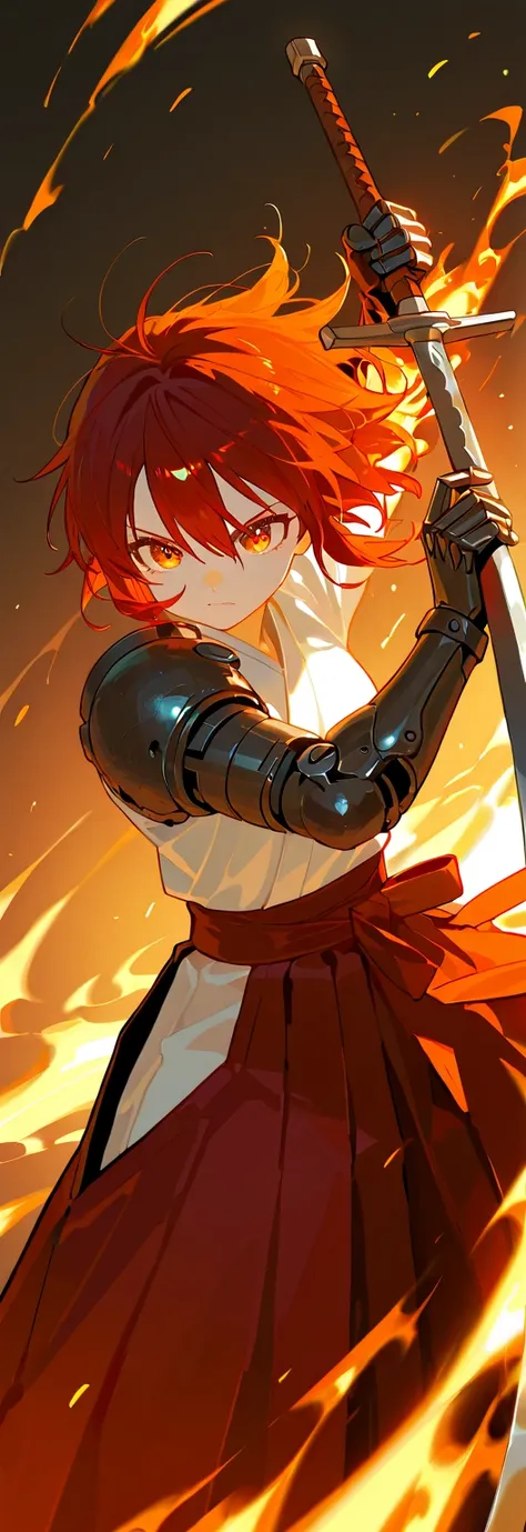 (best quality), high detailed, holding sword, (big weapon), (attack stance:1.1), action pose, oversized iron sword, Girl, mechanical arm, burning arm, Ruby blade, (Slash), serious, hakama, beautiful eyes, super fine eyes, Close-up