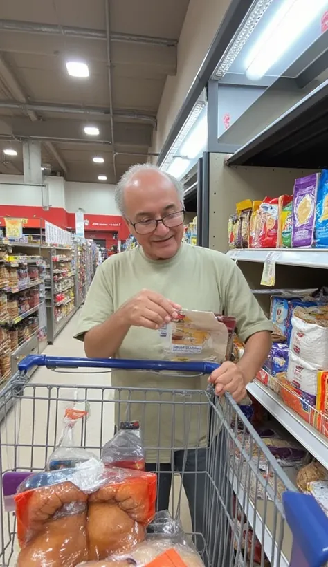 Scene set in a well-lit and modern supermarket in Brazil. From a first-person point of view, we see former president Luiz Inácio Lula da Silva next door, holding a coffee package in his hand and analyzing the packaging carefully. Lula wears a simple dress ...