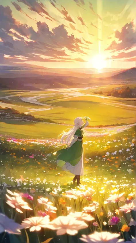 elf with white hair and green eyes facing away and with her hand raised towards the horizon holding a flower, flower field, sun, view from afar