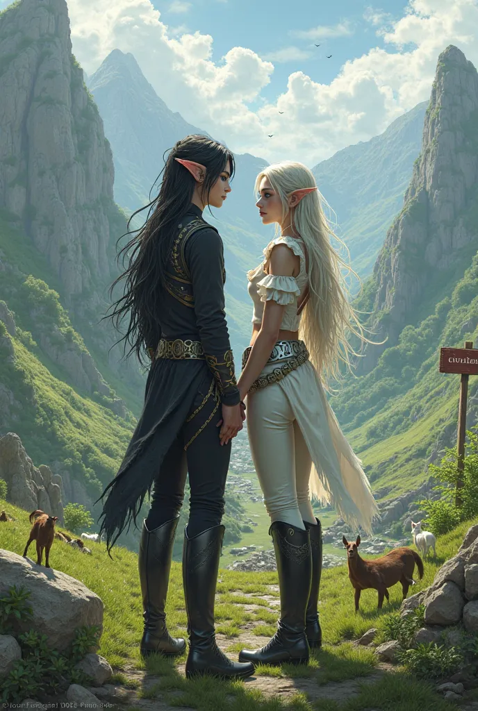 A pair of elves holding hands and standing side by side with horses and cats on a green mountain and looking down into the valley, where there is a bloody ruin and battlefield and a half-rotted sign with the inscription "To civilization" lies. 

Appearance...