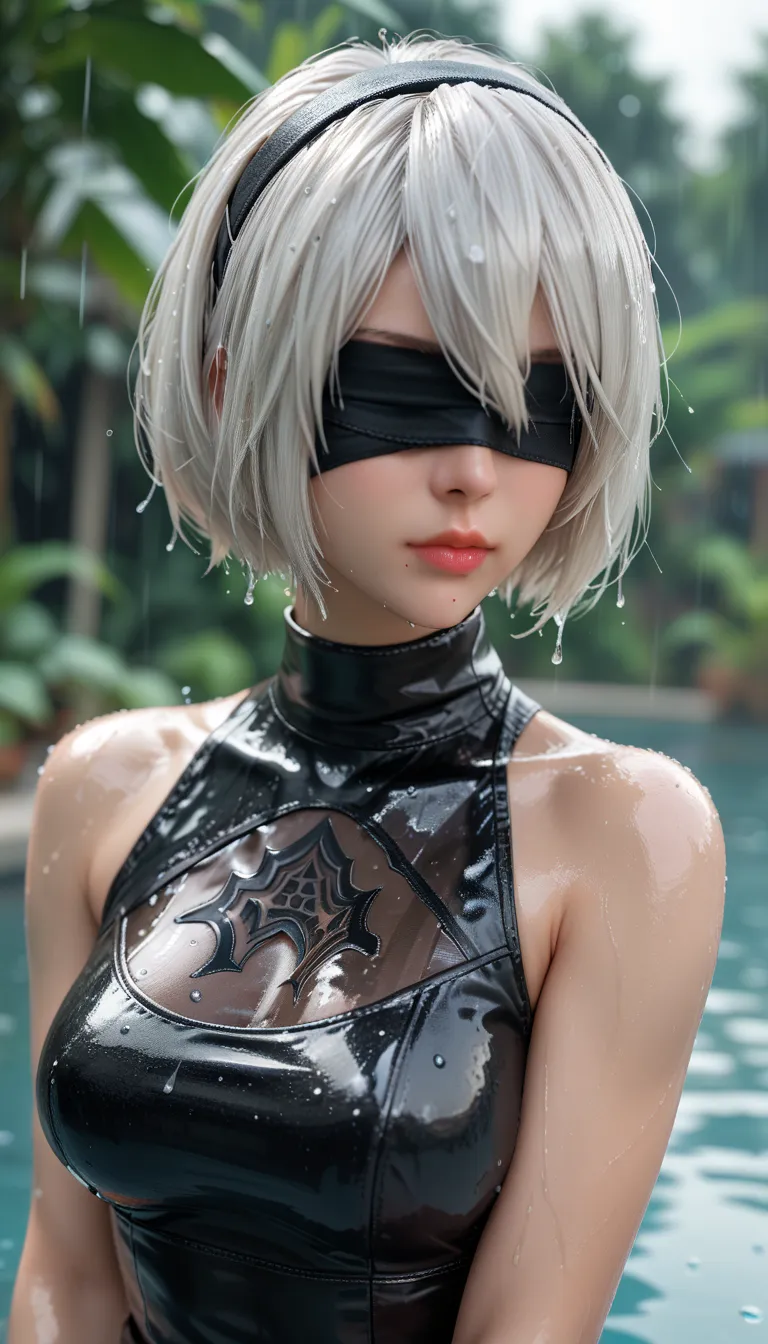 score_9, score_8_up, score_7_up, 1girl, solo, breasts, short hair, dress, bare shoulders, medium breasts, closed mouth, upper body, white hair, hairband, sleeveless, mole, blurry, black dress, lips, wet, depth of field, blurry background, turtleneck, phone...