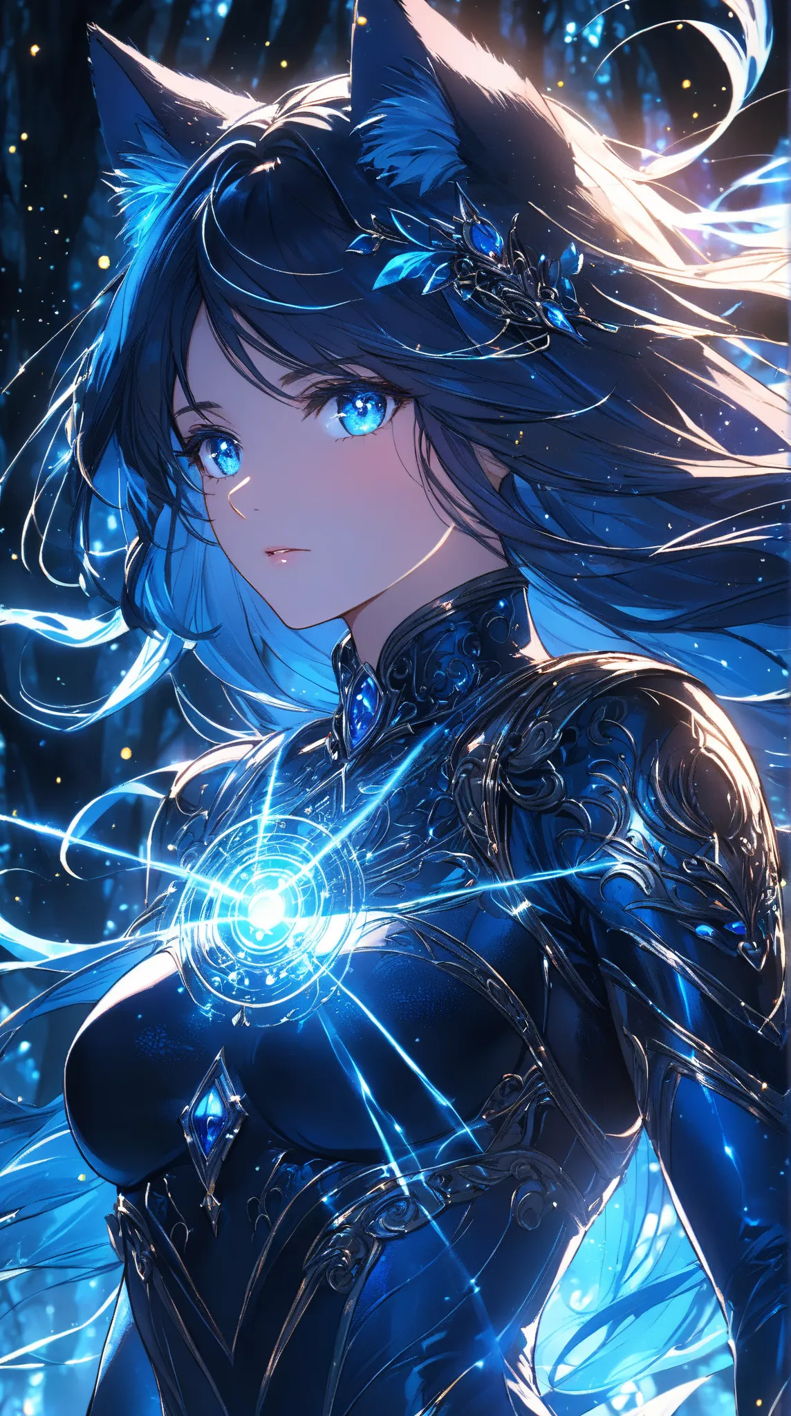 (Extreme close-up, Face-focused portrait)A mysterious cat-eared sniper girl, standing in a dark enchanted forest, glowing blue eyes filled with unwavering focus, wearing an elegant black and blue bodysuit adorned with intricate filigree and glowing magical...