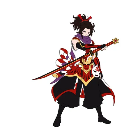 Genshin Impact character design,,a brown- haired boy tied in a high ponytail, wears a deep purple scarf, gripping a large glowing sword with both hands in an intense combat pose. One hand firmly holds the hilt while the other supports the blade near the ba...