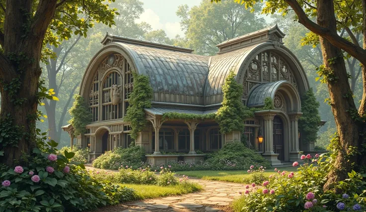 (photorealism:1.3), large Elven greenhouse with a research facility that is Elven architecture blended with a touch of rustic fantasy spirit, it is surrounded by warm sunlit forestry, fully glass roof, exterior