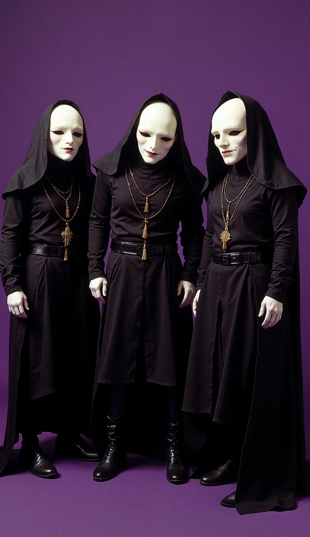 Surrealist art, symbolism, three ancient entities, black cloth costumes, white masks, standing looking down, vibrant dark purple background, mysterious impression, dynamic vintage, aesthetic