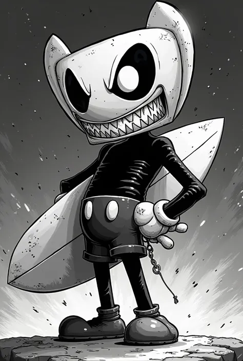 Do me this art in 2D style and black and white: a thin scalpel in cuphead style with bad face in the shape of one blade, holding a surfboard, making a hang loose with the hand